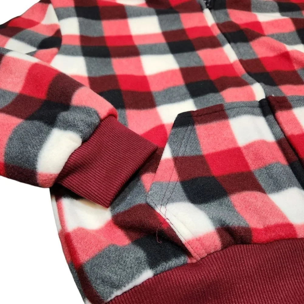 ROK Kid's Fleece Flannel Jacket Buffalo Plaid Heavy Oat Red Black Zip Hood Large